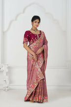 Kesar Fab Threaded Blossoms: Pink With Colorful Floral Embroidery Saree | Grocsy