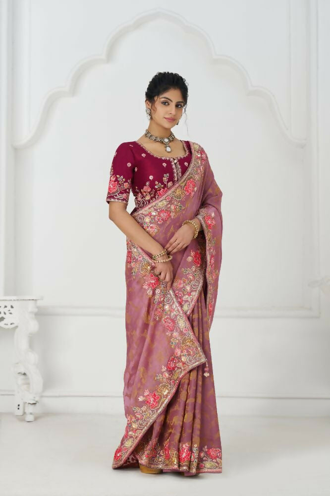 Kesar Fab Threaded Blossoms: Pink With Colorful Floral Embroidery Saree | Grocsy