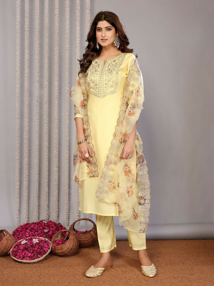 Joban Fashion Women Pale Yellow Roman Embroidery Stitched Kurta Set | Grocsy