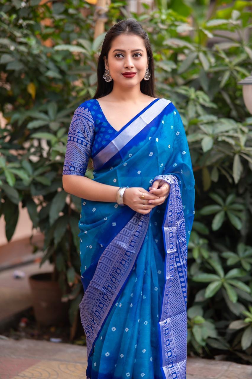 Blue Jute Silk Ethnic Motifs Saree with Unstitched Blouse - A2M | Grocsy