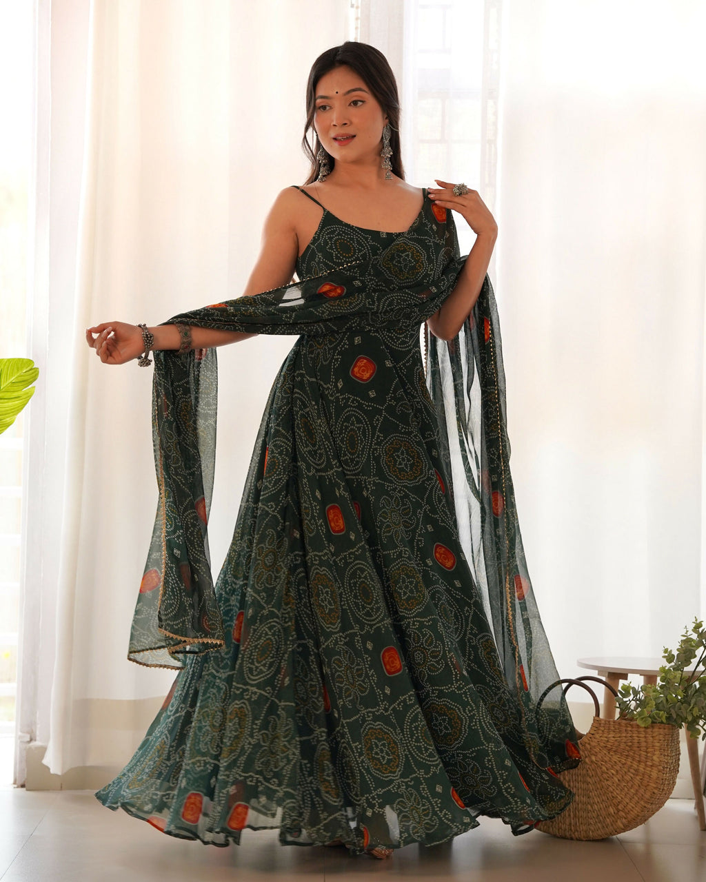 Joban Fashion Bottle Green Kurta Set Chiffon Sequin Embroidery Work | Grocsy