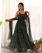 Joban Fashion Bottle Green Kurta Set Chiffon Sequin Embroidery Work | Grocsy