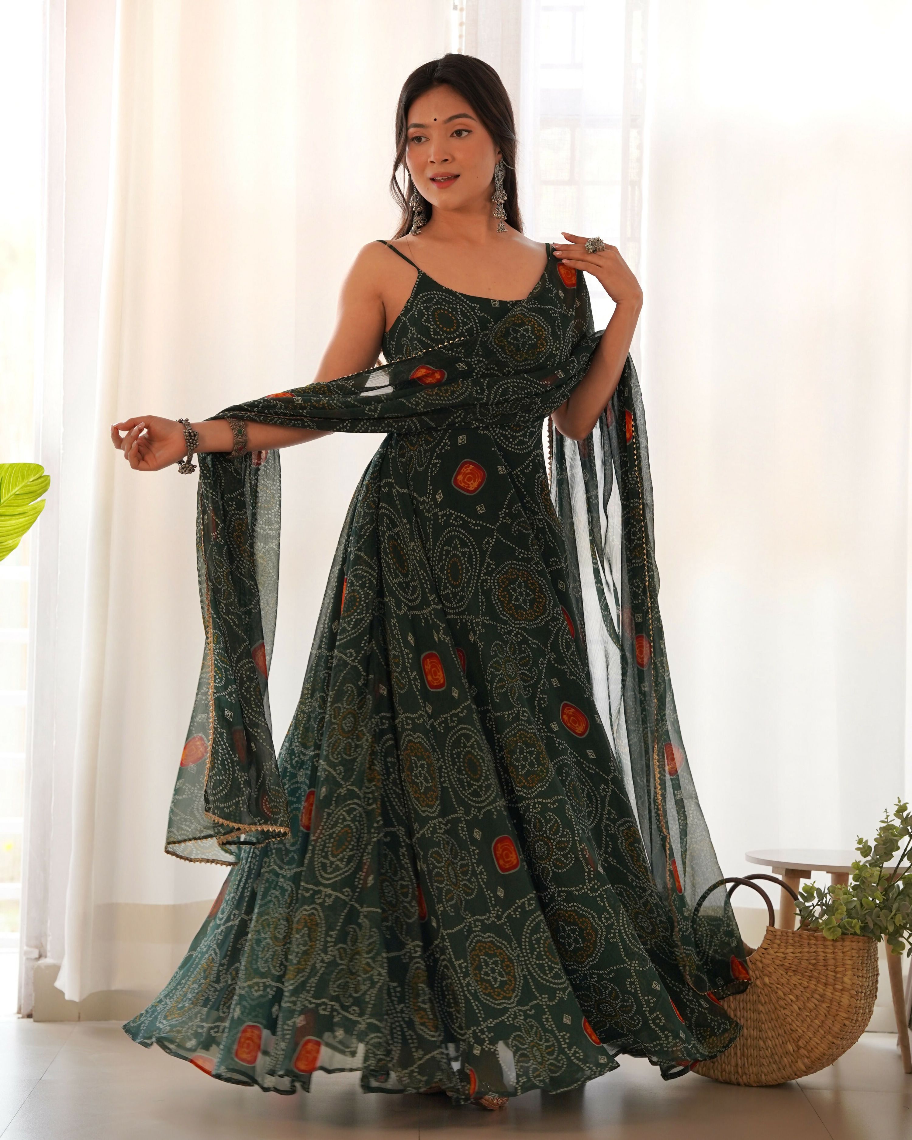 Joban Fashion Bottle Green Kurta Set Chiffon Sequin Embroidery Work | Grocsy