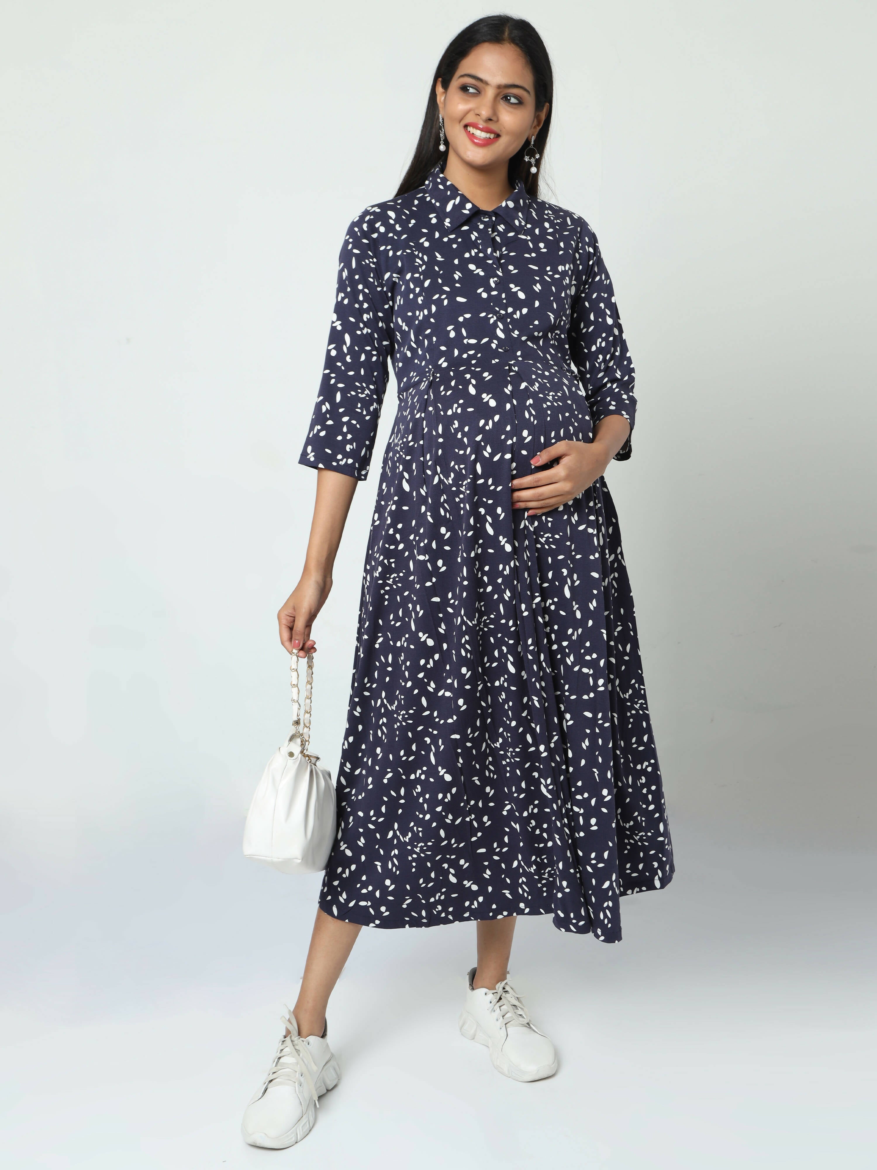 Manet Three Fourth Maternity Dress White Dot Print With Concealed Zipper Nursing Access - Navy Blue | Grocsy