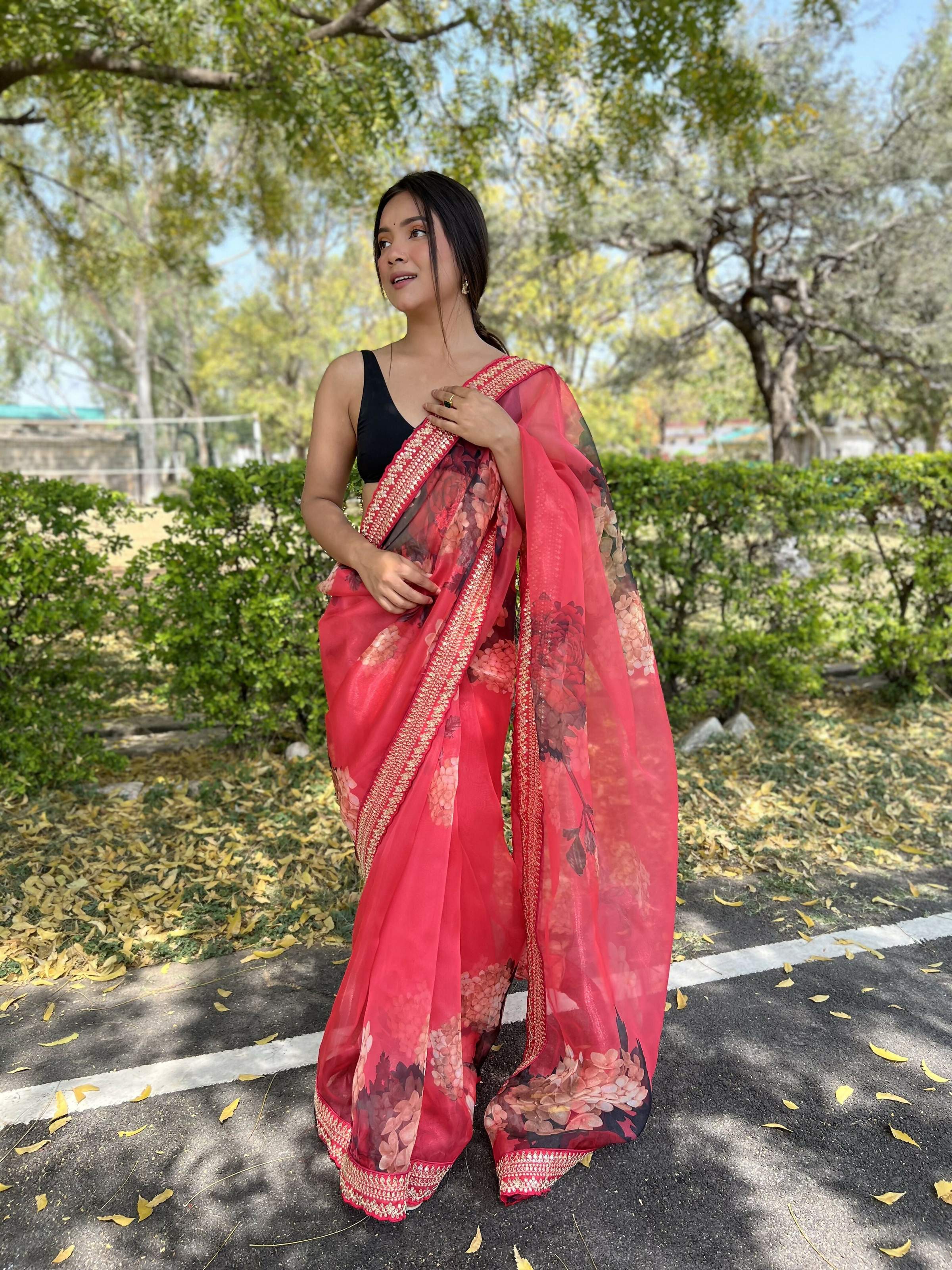 Vamsee Kali Patti Red Organza Saree | Grocsy