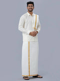 Ramraj Cotton Premium Wedding Cream Readymade Dhoti, Shirt & Towel Set Dhanvanthri | Grocsy