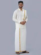 Ramraj Cotton Premium Wedding Cream Readymade Dhoti, Shirt & Towel Set Dhanvanthri | Grocsy