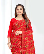 Red Georgette Bandhani Printed Saree With Unstitched Blouse Piece - Jyoti | Grocsy