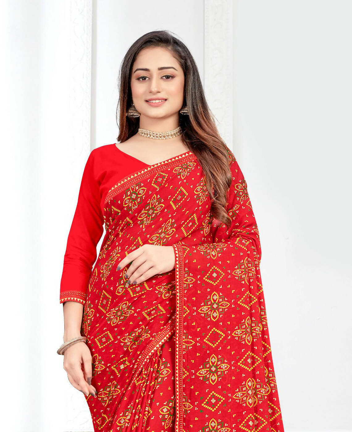 Red Georgette Bandhani Printed Saree With Unstitched Blouse Piece - Jyoti | Grocsy