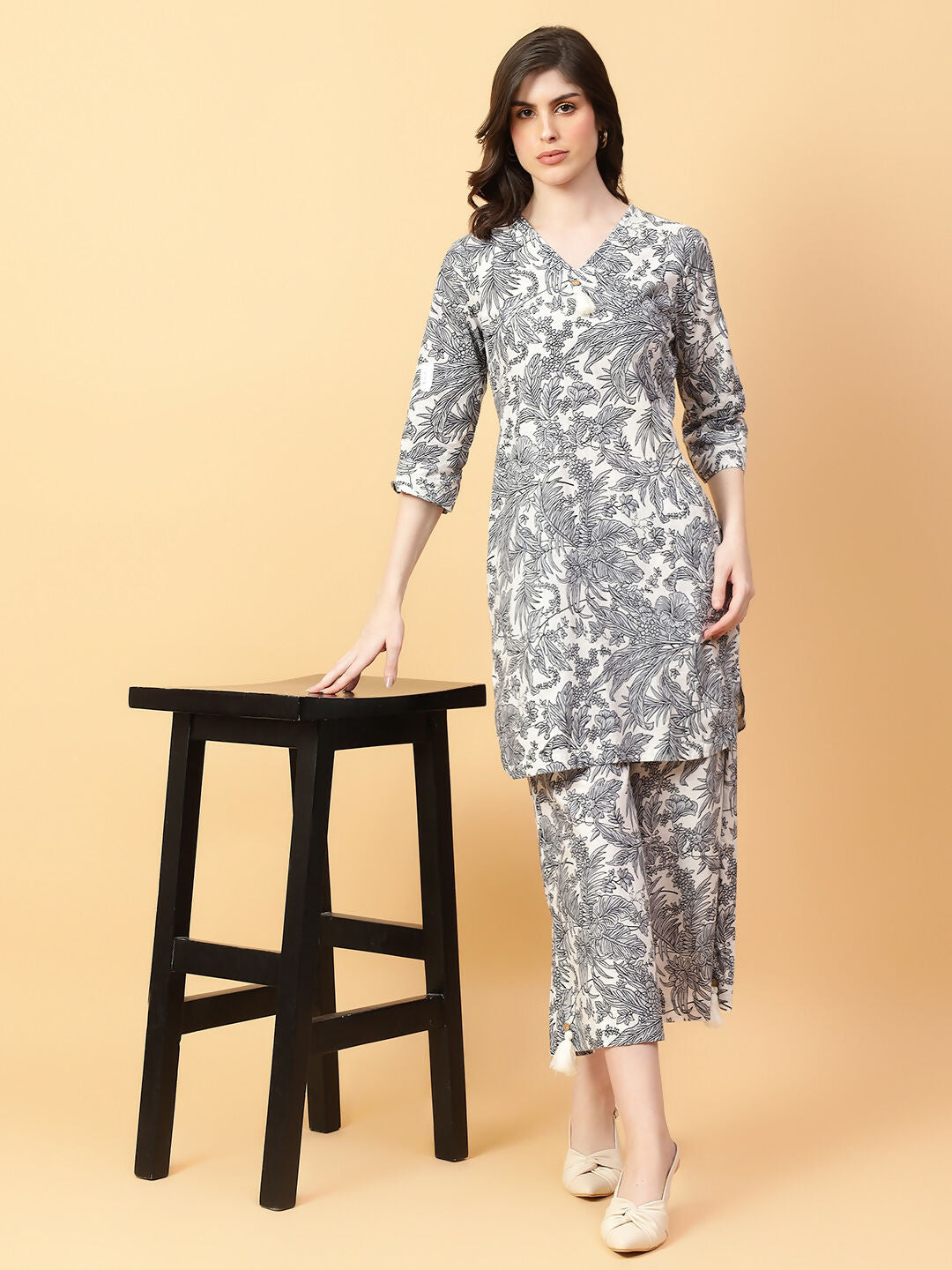 Joban Fashion Grey Cotton Printed & Hand Work Co-ord Set | Grocsy