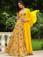Janasya Yellow Georgette Floral Lehenga Choli Dupatta | Grocsy