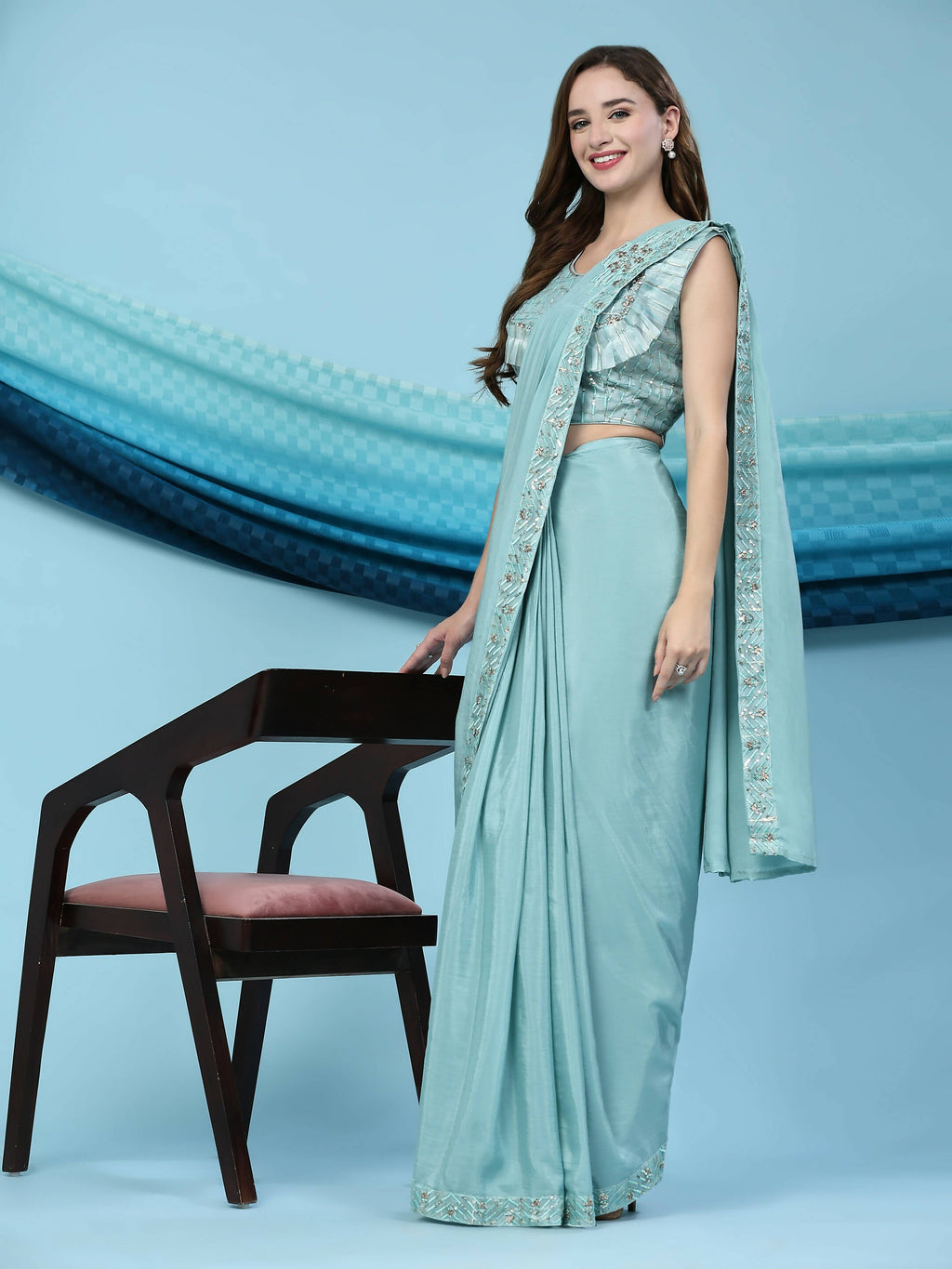 Sky Blue Silk Satin Solid Ready to wear Saree with stitched Blouse - Satiksha | Grocsy