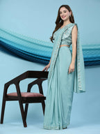 Sky Blue Silk Satin Solid Ready to wear Saree with stitched Blouse - Satiksha | Grocsy