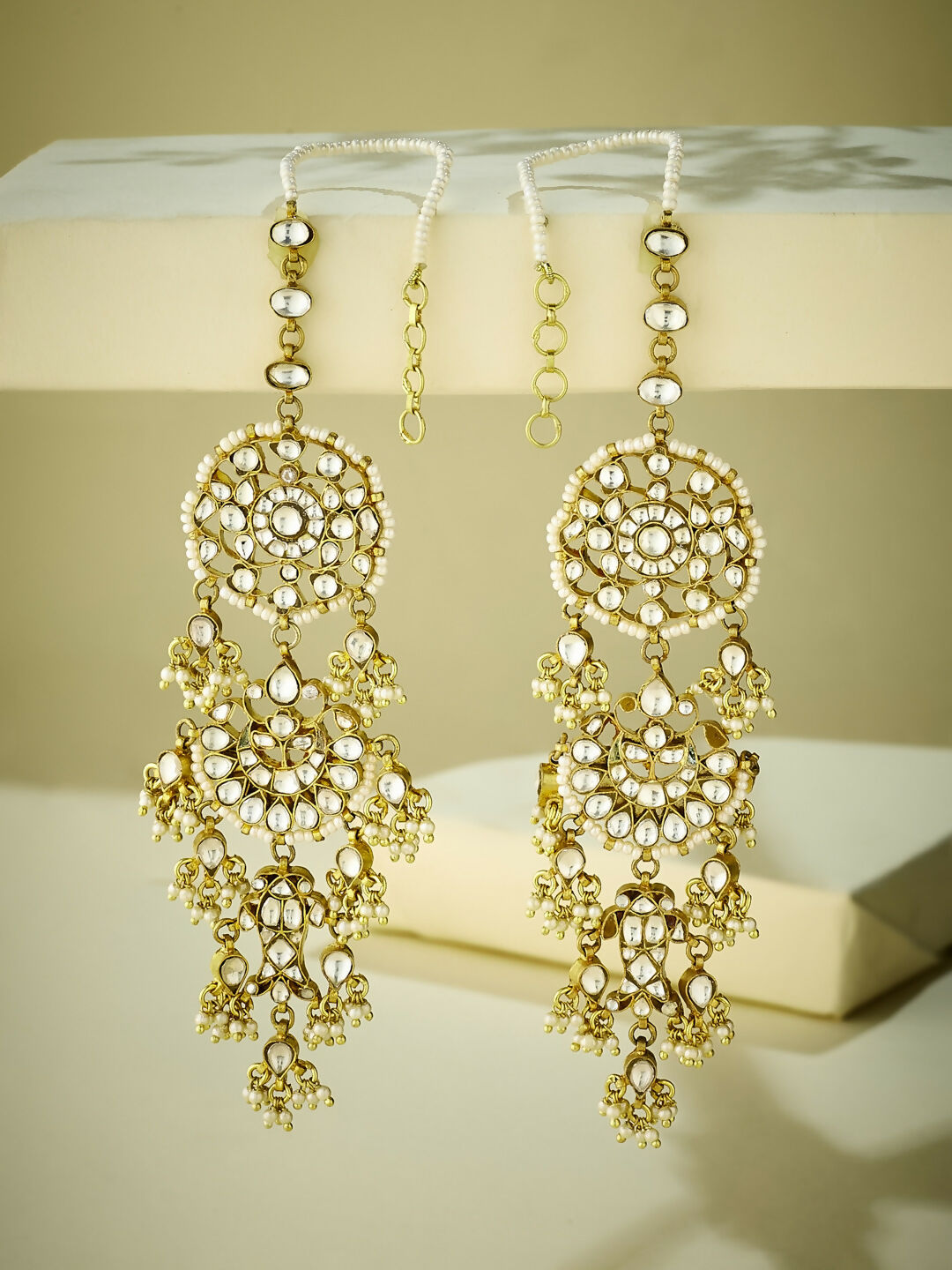 Nuyug 22 K Gold-Plated Elegant Kundan Studded & Pearl Beaded Crescent Shaped Kanauti Earrings | Grocsy