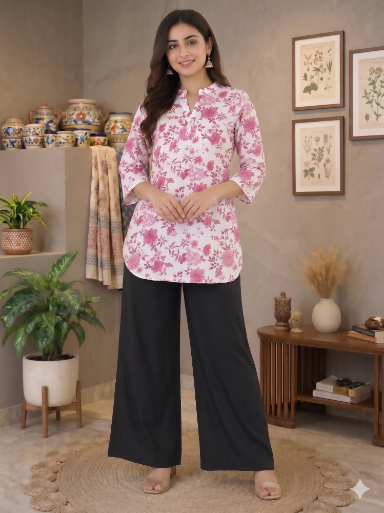 Teeya Creation Women White & Mauve Lotus Floral Printed Cotton Kurti with Black Palazzo Set | Grocsy