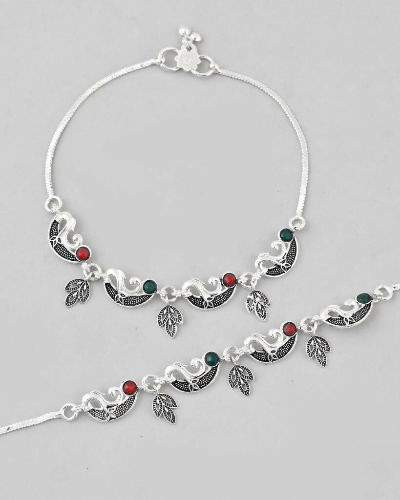 VOJ Set of 2 Silver Plated Meenakari Multi Color Anklet | Grocsy