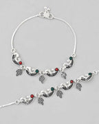VOJ Set of 2 Silver Plated Meenakari Multi Color Anklet | Grocsy