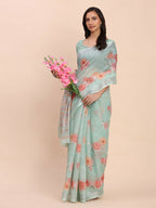 Shree Shyam Fashion Linen Cotton Sea Green Saree | Grocsy