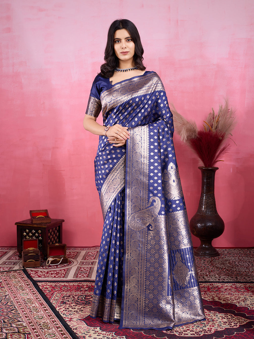 Vedant Vastram Banarasi Silk Fashion Saree - Navy | Grocsy