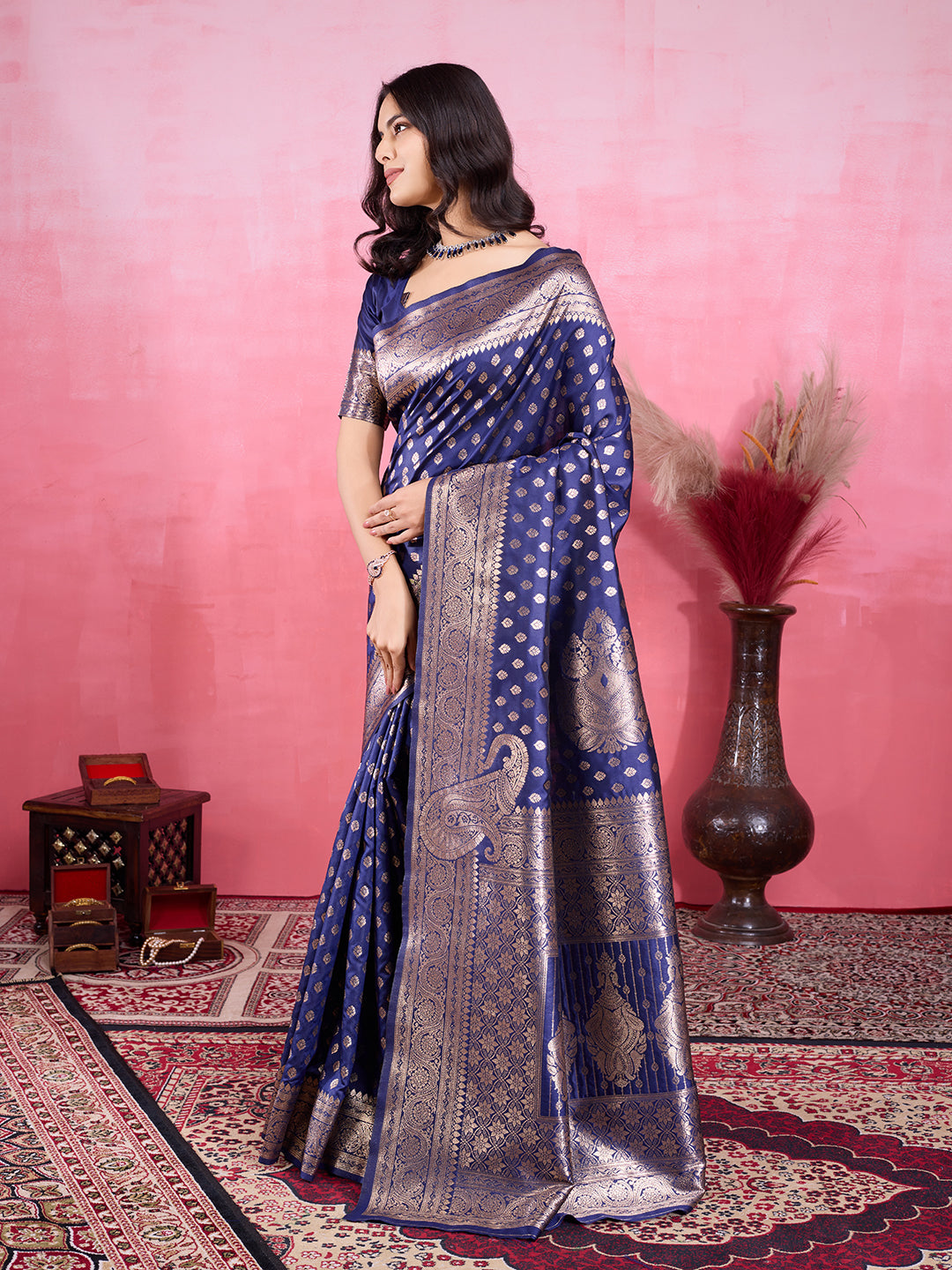 Vedant Vastram Banarasi Silk Fashion Saree - Navy | Grocsy