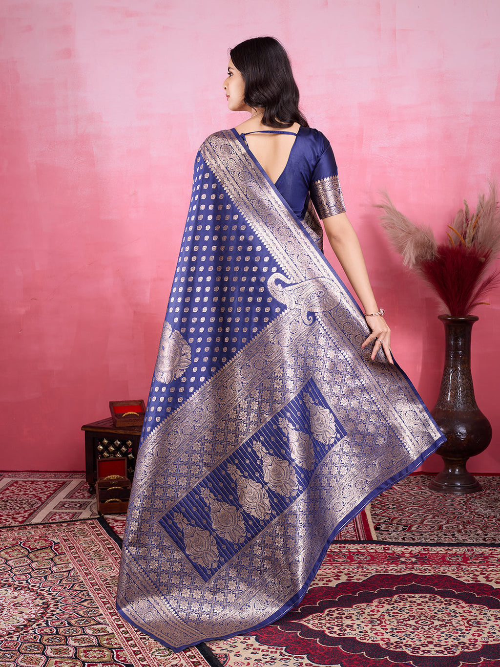 Vedant Vastram Banarasi Silk Fashion Saree - Navy | Grocsy
