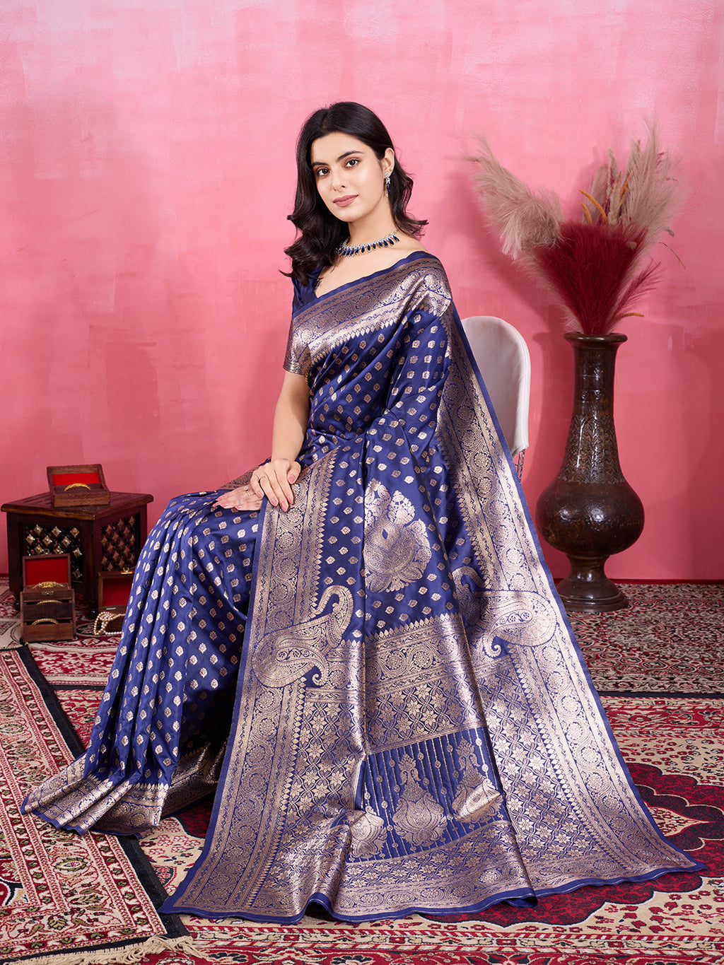 Vedant Vastram Banarasi Silk Fashion Saree - Navy | Grocsy