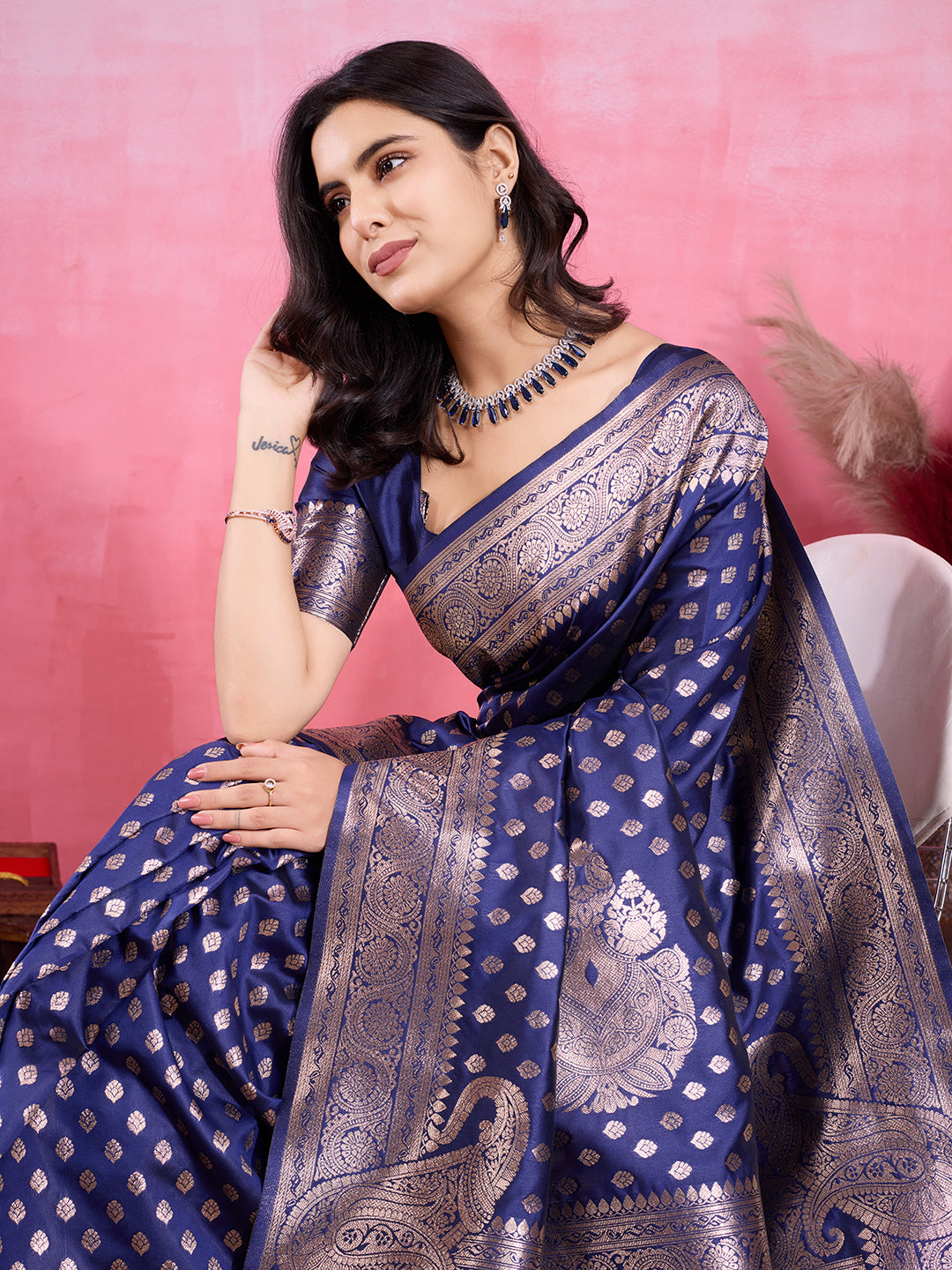 Vedant Vastram Banarasi Silk Fashion Saree - Navy | Grocsy