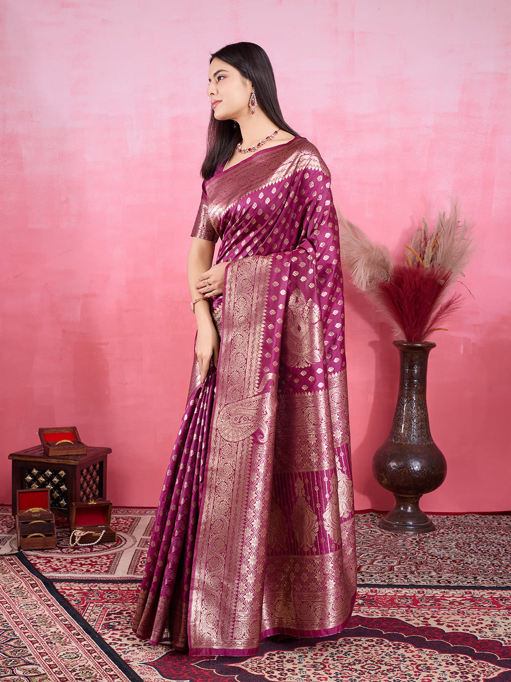 Vedant Vastram Banarasi Silk Fashion Saree - Wine | Grocsy