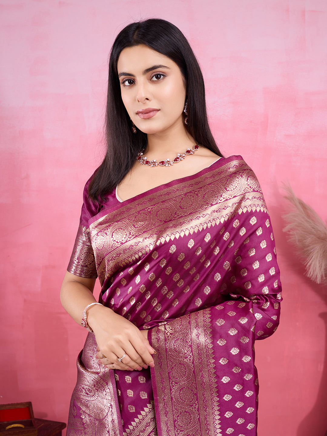 Vedant Vastram Banarasi Silk Fashion Saree - Wine | Grocsy