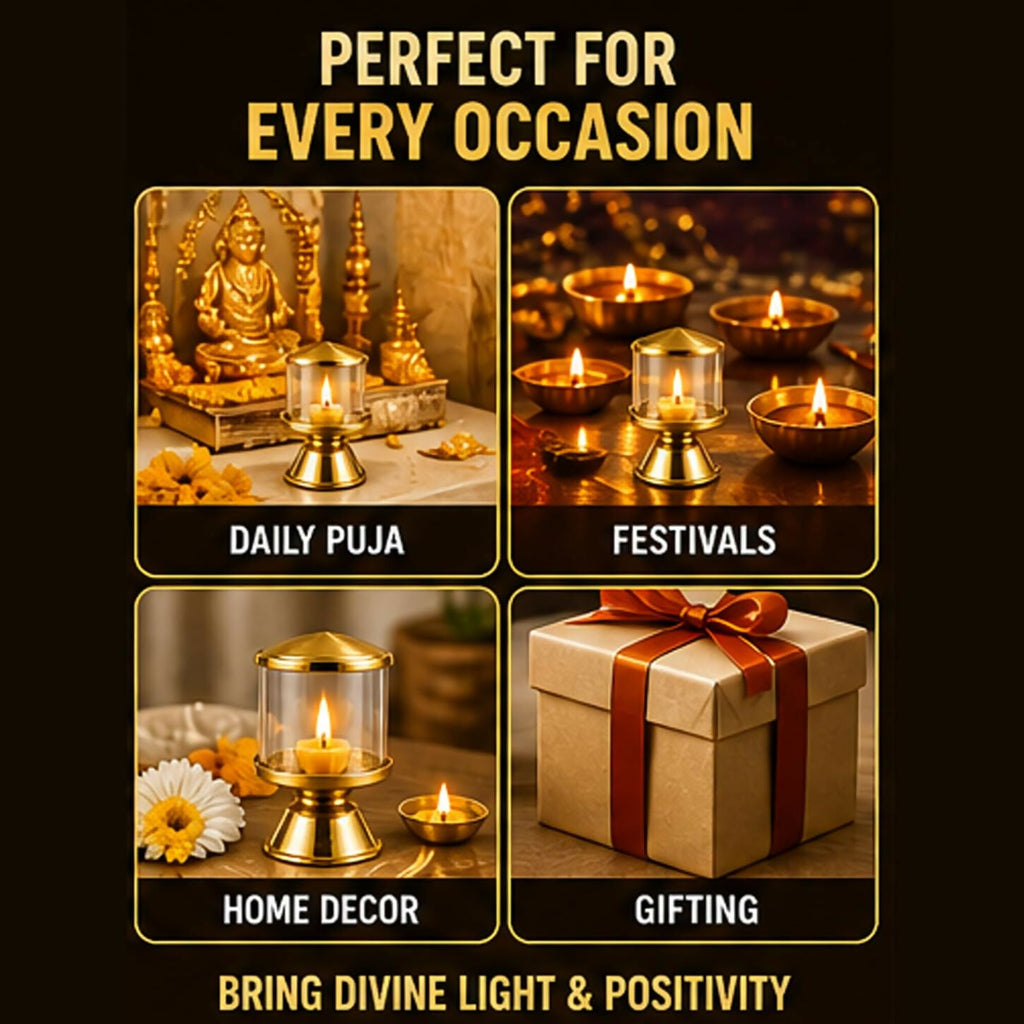 Not Available Pure Brass Ghee Diya for Puja with Glass Cover | Grocsy