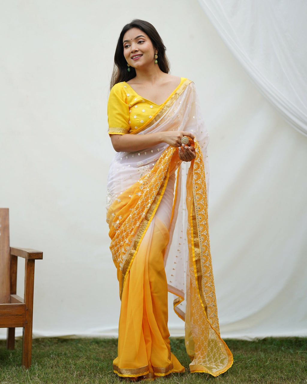 Vamsee Yellow Sequence 2 Yellow & White Georgette Saree | Grocsy
