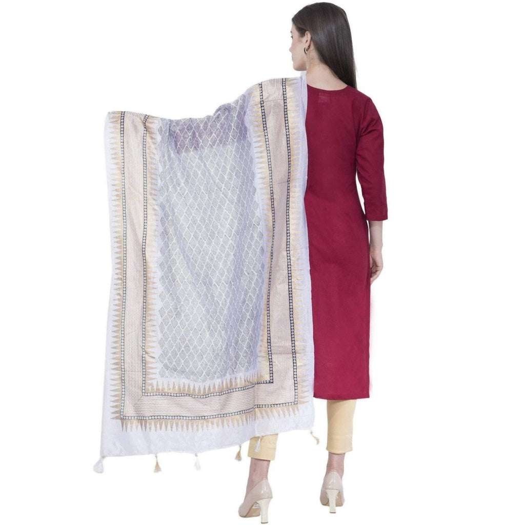 A R Silk Women's Gold Print Silk White Dupattas and Chunnis | Grocsy