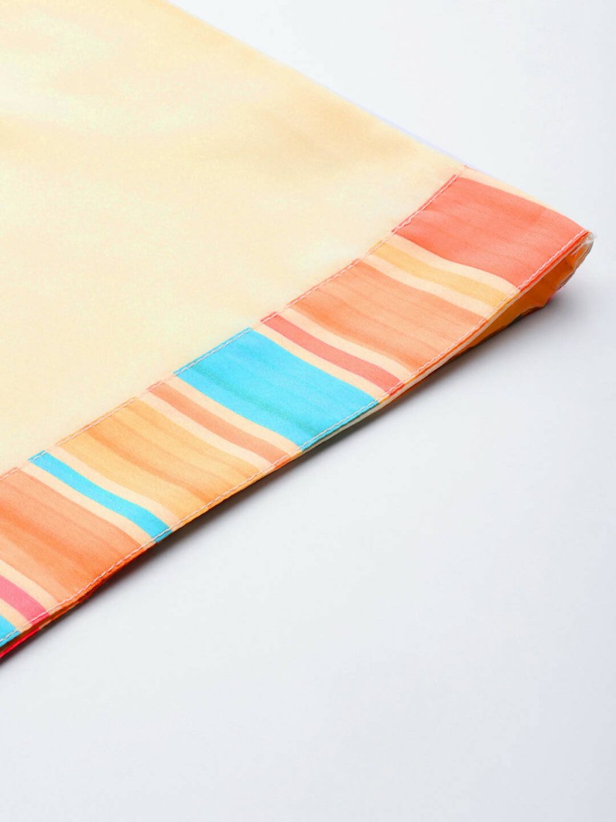 Ahalyaa Peach-Coloured & Blue Printed Striped Asymmetric Taselled Kaftan Kurta Palazzos | Grocsy