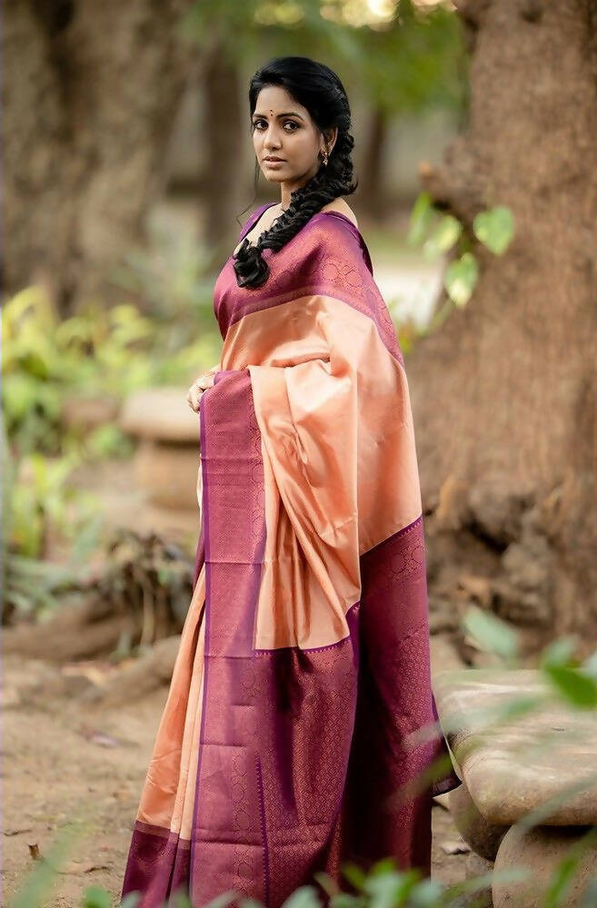 DEIANA'S Beautiful Designer Golden zari Soft Lichi Silk Saree - Peach | Grocsy