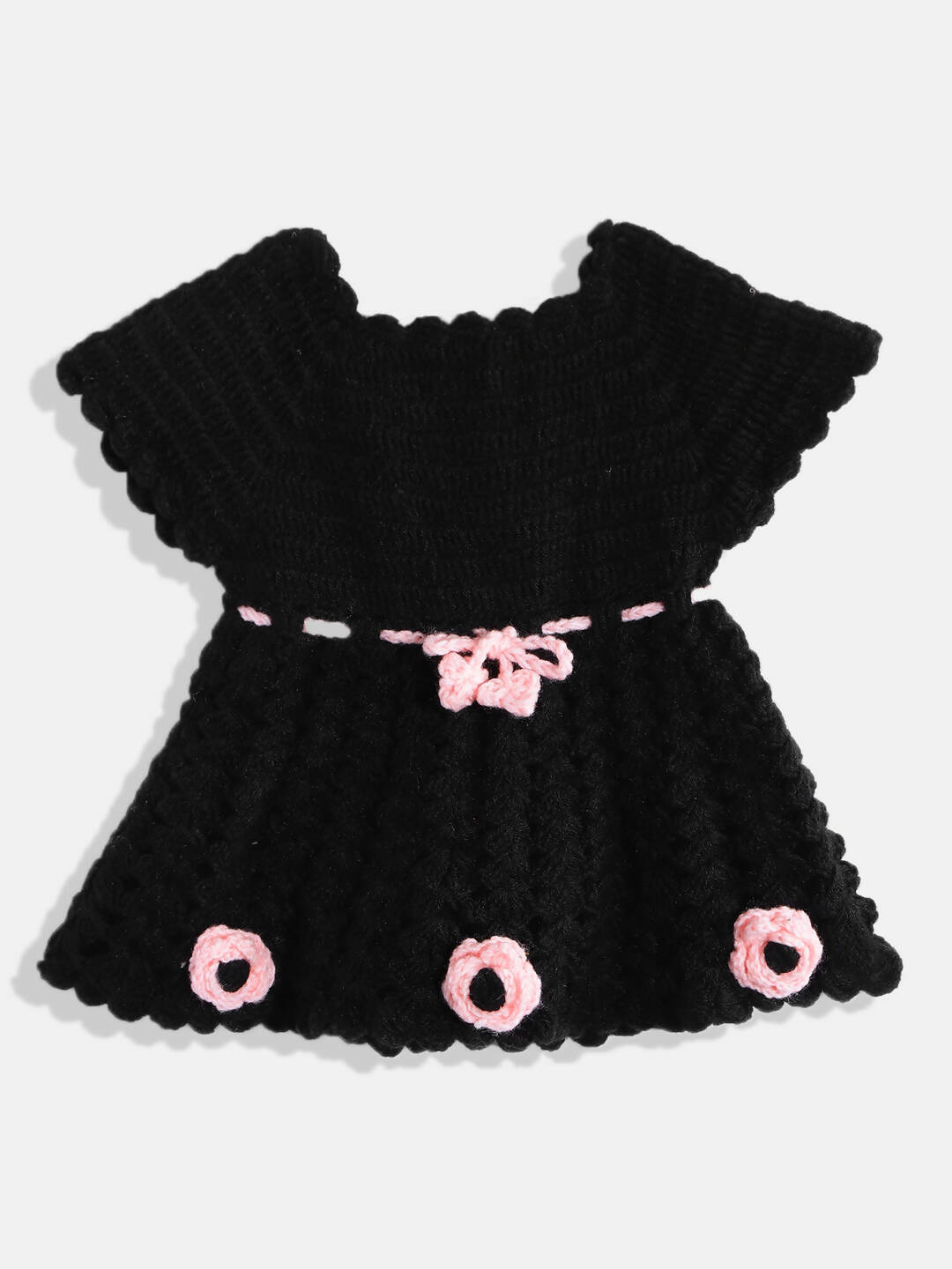 Chutput Kids Woollen Hand Knitted Full Sleeves Cardigan With Short Sleeves Flower Work Dress For Baby Girls - Pink | Grocsy