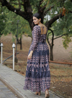 Jyoti Fashion Women's Navy Blue Heavy Digital Printed Pure Chanderi Anarkali Dress | Grocsy