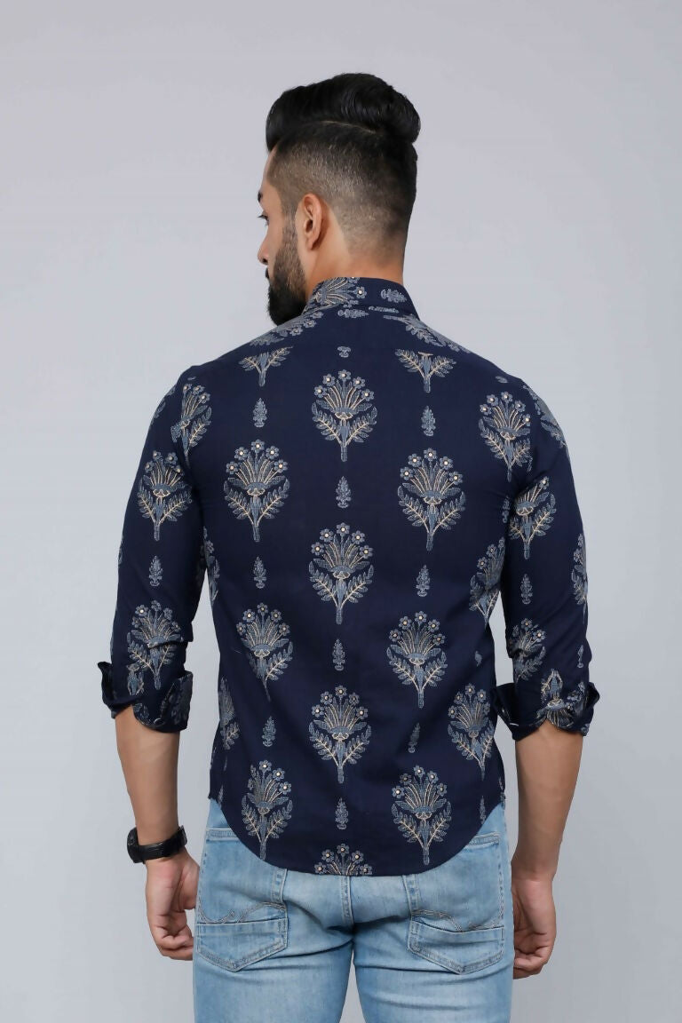 Miravan Men's Blue Spread Collar Floral Print Shirt | Grocsy
