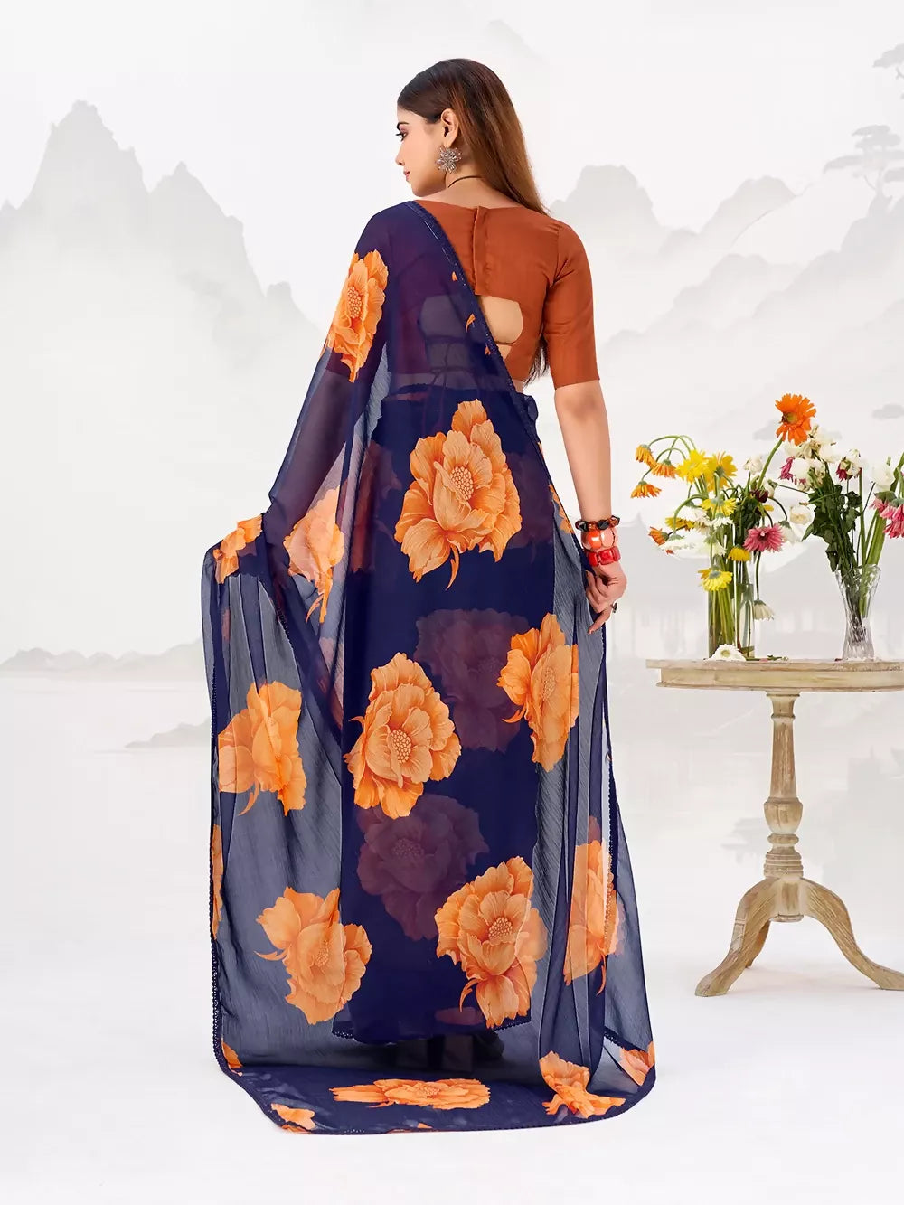 Vastranavya Navy Blue Floral Print with Lace Border work Chiffon Saree & Unstitched Blouse | Grocsy