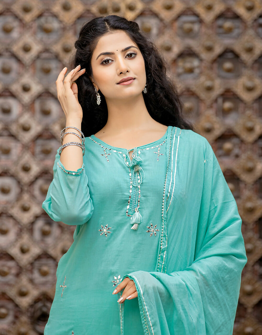 Kaajh Women's Sky Blue Mirror Embellished Cotton Suit Set | Grocsy