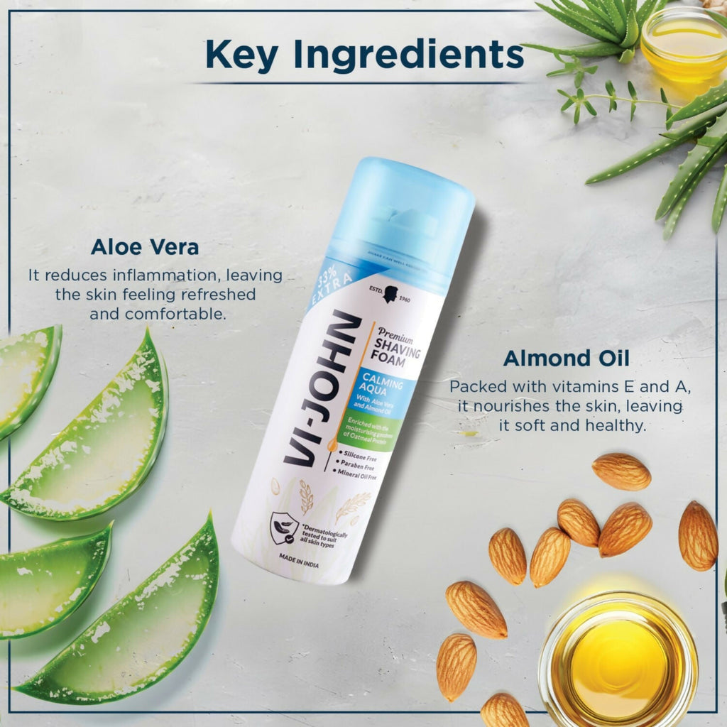 VI-JOHN Dermatologically Tested Premium Claming Aqua Shaving Foam Enriched with Aloevera & Almond Oil Free From Silicone, Paraben & Mineral Oil | Grocsy