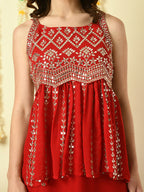 Myshka Women's Red Georgette Top With Skirt Party Sets | Grocsy
