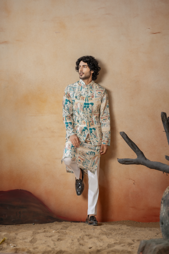 Classic Forest Print Silk Nehrujacket Set by Hilo Design | Grocsy