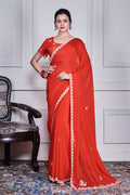 Morchari Red Chiffon Hand Embroidery Saree And Stitched Blouse | Grocsy