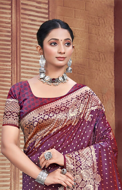 Sangam Prints Wine Silk Woven Work Traditional Saree | Grocsy