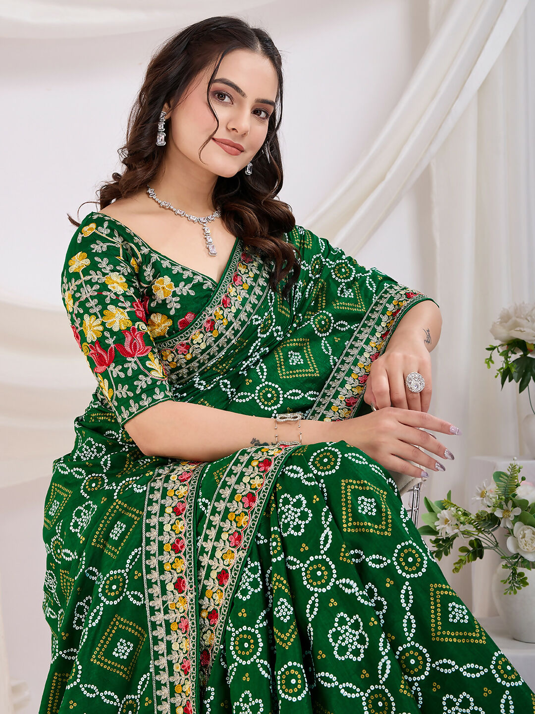 Green Vichitra Silk Bandhani Printed, Embroidery Work Saree - Ditya | Grocsy