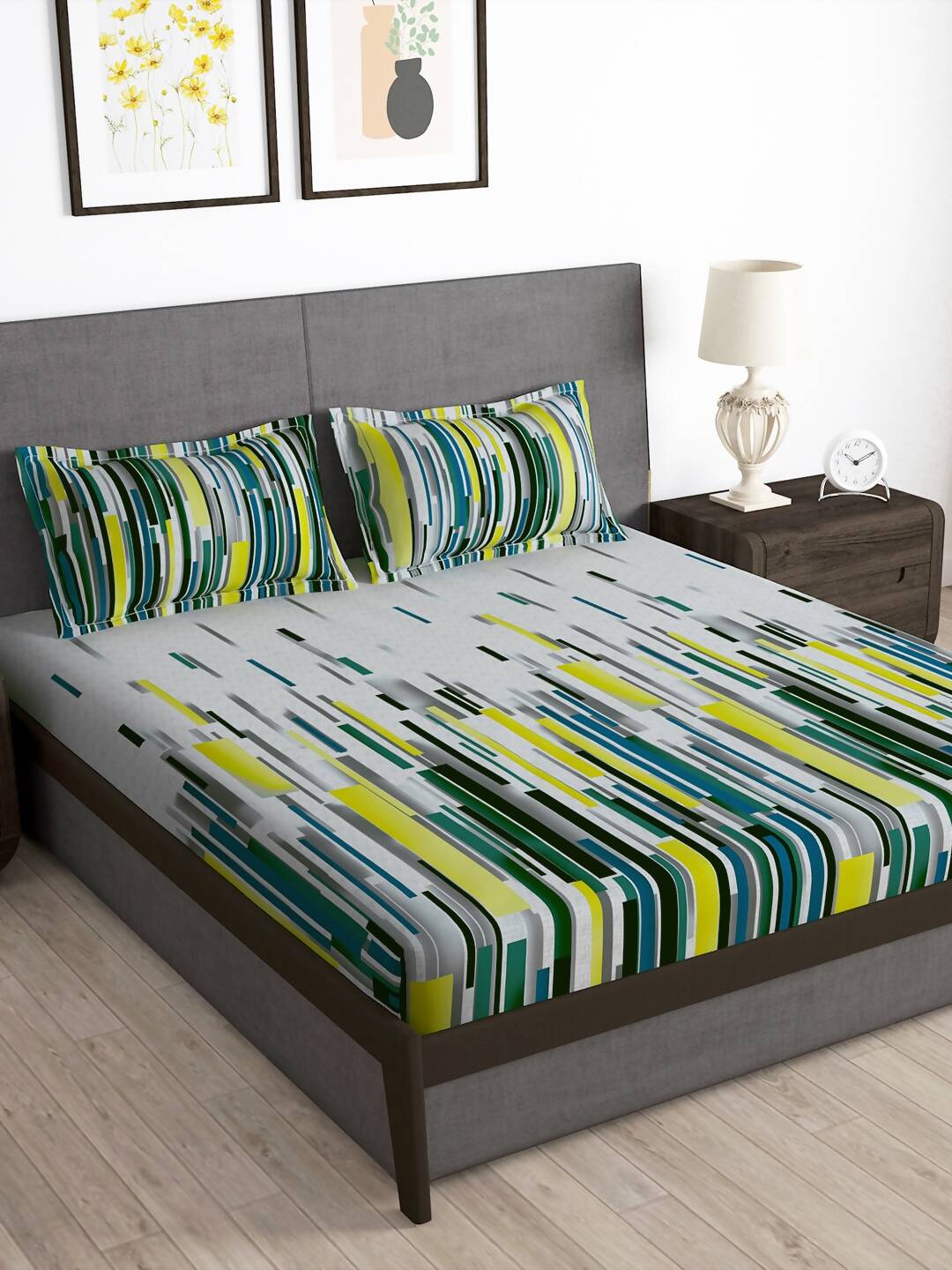 Story@home Grey & White Striped Microfiber 180 TC Bedsheet With Pillow Cover | Grocsy