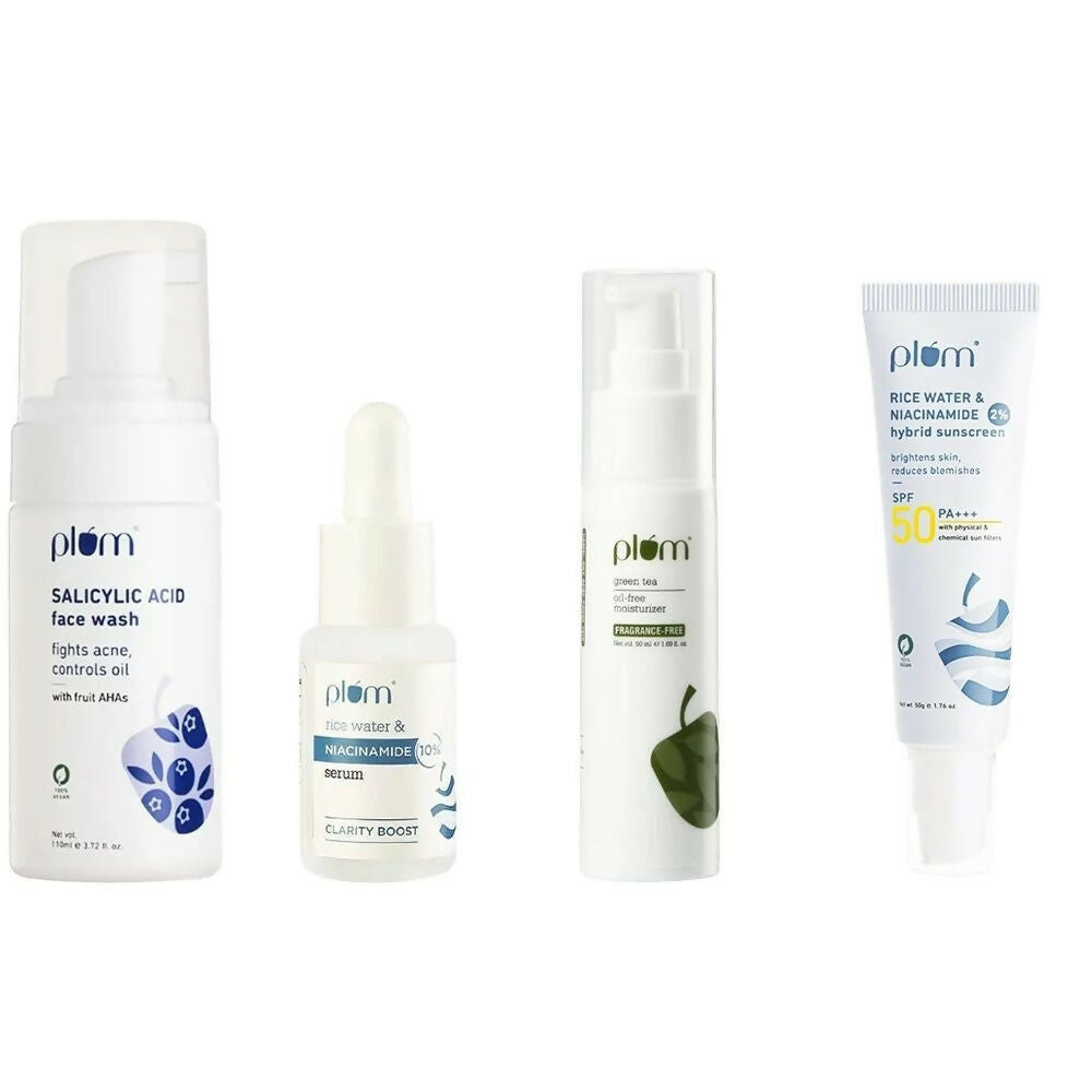 Plum Bright & Clear Skin Routine CSMS (Cleanser, Serum, Moisturizer, Sunscreen) Combo | Grocsy