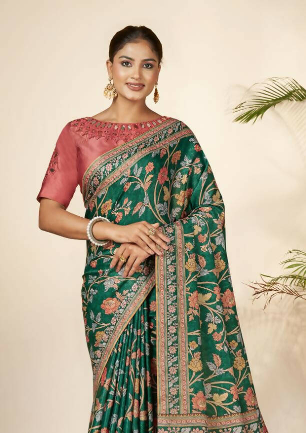 Green Gajji Silk Floral Print with Hand Mirror work Border Saree - Norita Nirvi | Grocsy