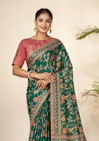 Green Gajji Silk Floral Print with Hand Mirror work Border Saree - Norita Nirvi | Grocsy