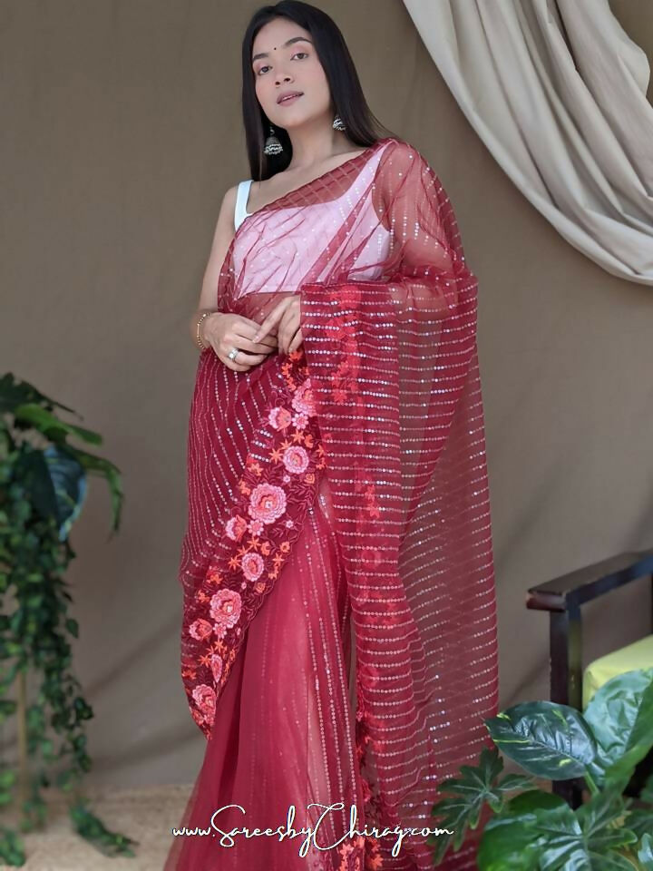 Vamsee Murari Red Super Net Saree | Grocsy